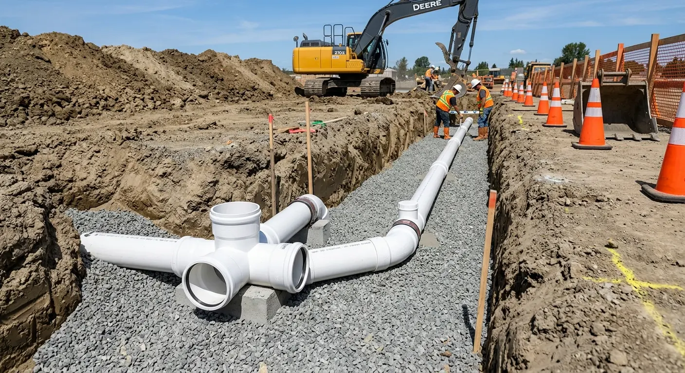 New PVC sewer pipe installation in open trench for Sewer Backup in Swansea